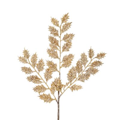 Metallischer Stechpalmenzweig mit Perlenstiel, gold und weiß, 62 cm