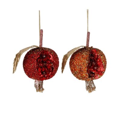 Sparkling pomegranate ornaments set of two in red and gold, 15 cm