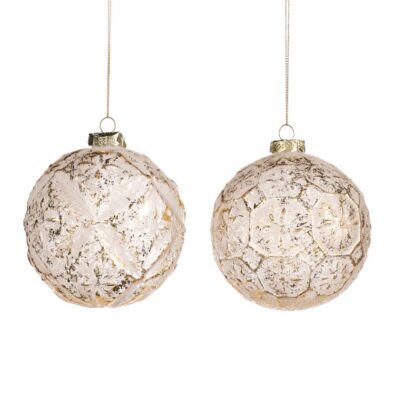 Glass Ornaments with 3D Mesh Design, Set of 2, White and Gold, 10 cm