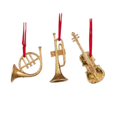 Dreiteiliges Set mit Musikinstrument-Ornamenten in Gold und Rot, 10 cm