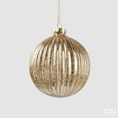 Ribbed glass bauble in antique gold with mercury finish, 10 cm