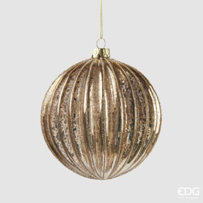 Ribbed glass bauble in antique gold with mercury finish, 12 cm