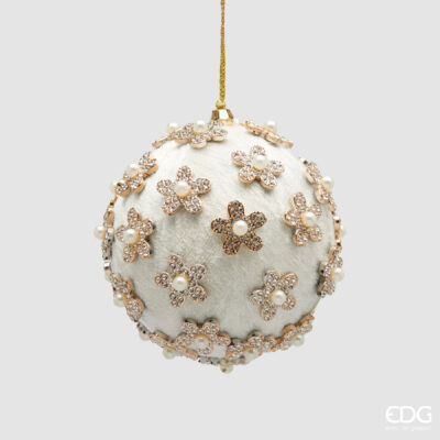 Velvet flower bauble in white and champagne with rhinestone flowers and pearls, 10 cm