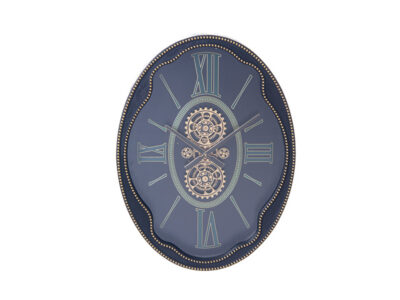 Exposed gear wall clock in navy with gold Roman numerals, oval