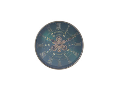 Exposed gear wall clock in teal green with gold Roman numerals, round