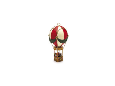 Petite hot air balloon in red and cream metal with a gift filled basket