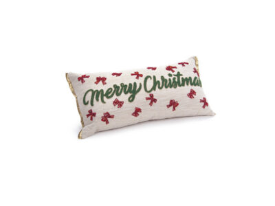 Merry Christmas lurex cushion in cream with green lettering and red bows