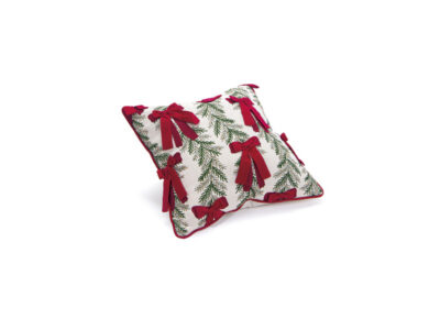 Garland and bows cushion in cream with green pine print and red velvet bows, square