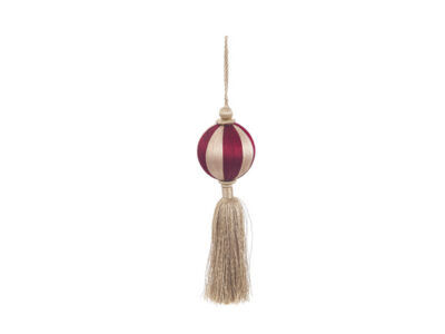 Tasselled silk bauble in burgundy and gold with a flowing gold tassel
