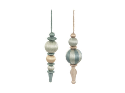 Seiden-Tropfenanhänger, 2er-Set in Grün und Gold, mit länglichen, mit Seide umwickelten Endstücken