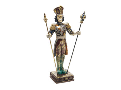 Brushed general figure with sceptre, tall resin ceremonial figure in navy and gold