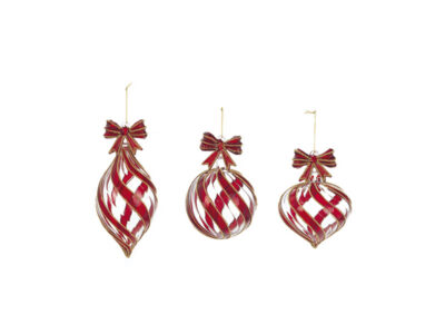 Twisted glass bauble set of three with red bows, teardrop, ball and onion shapes