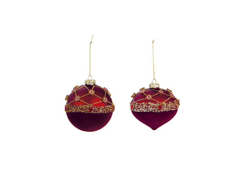 Jewel glass bauble set of two in red with jewelled gold lattice, ball and onion shapes