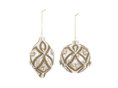 Carmen glass bauble set of two in white and gold with scrollwork and pearls