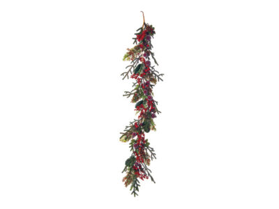 Pine and pomegranate garland in green with pomegranates, red berries and foliage