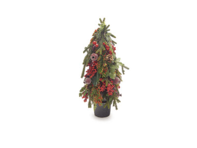 Pine and pomegranate tabletop tree, potted pine with pomegranates, berries and cones