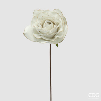 Velvet Rose Single-Stem, Ivory / Gold-Glitter Trim, 55 cm