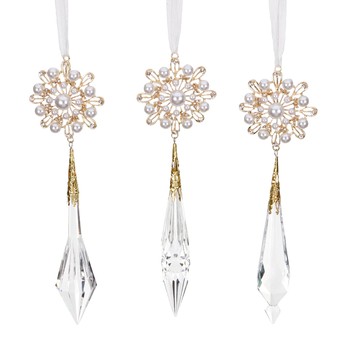 Pearl Dangle Ornament Set, Gold and Clear (Set of 3)