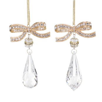 Jewel Bow Ornament Set, Gold and Clear (Set of 2)