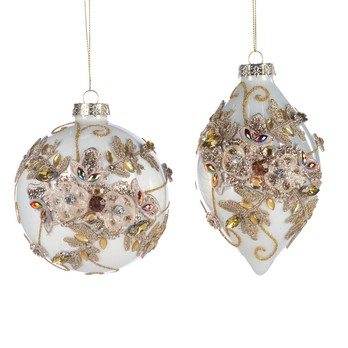 Jewel Lace Bauble Set, Cream and Gold (Set of 2)